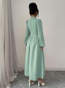 Modelyn Vestido elegante de manga larga con botones frontales de unicolor para mujer - Verde - Ver 2