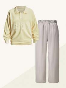 SHEIN Explorewe 2 件套青少年男孩学院风图案印花长袖 Polo 衫和休闲长裤套装 - 彩色 - 查看 1