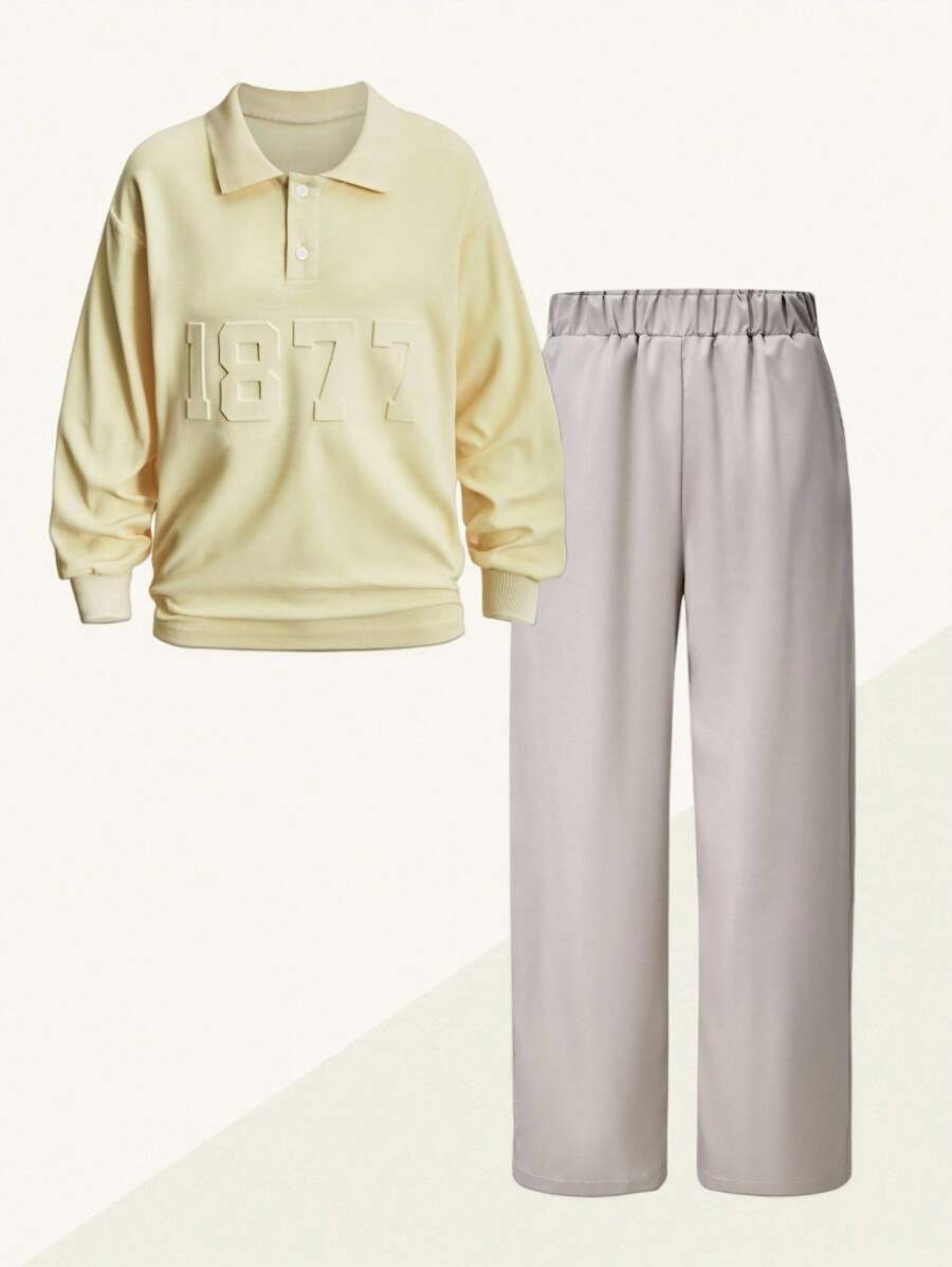 SHEIN Explorewe 2 件套青少年男孩学院风图案印花长袖 Polo 衫和休闲长裤套装 - 彩色 - 查看 1