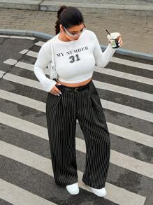 SHEIN EZwear 秋冬大码纯色纽扣休闲阔腿裤配腰带 - 黑色 - 查看 7