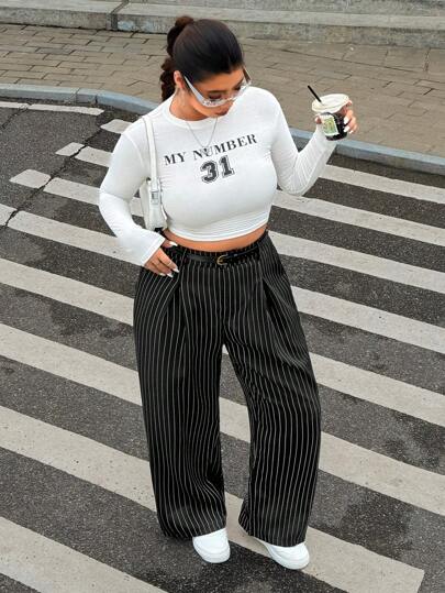 SHEIN EZwear Quần ống rộng cài nút màu trơn cỡ lớn kèm thắt lưng cho mùa thu/đông