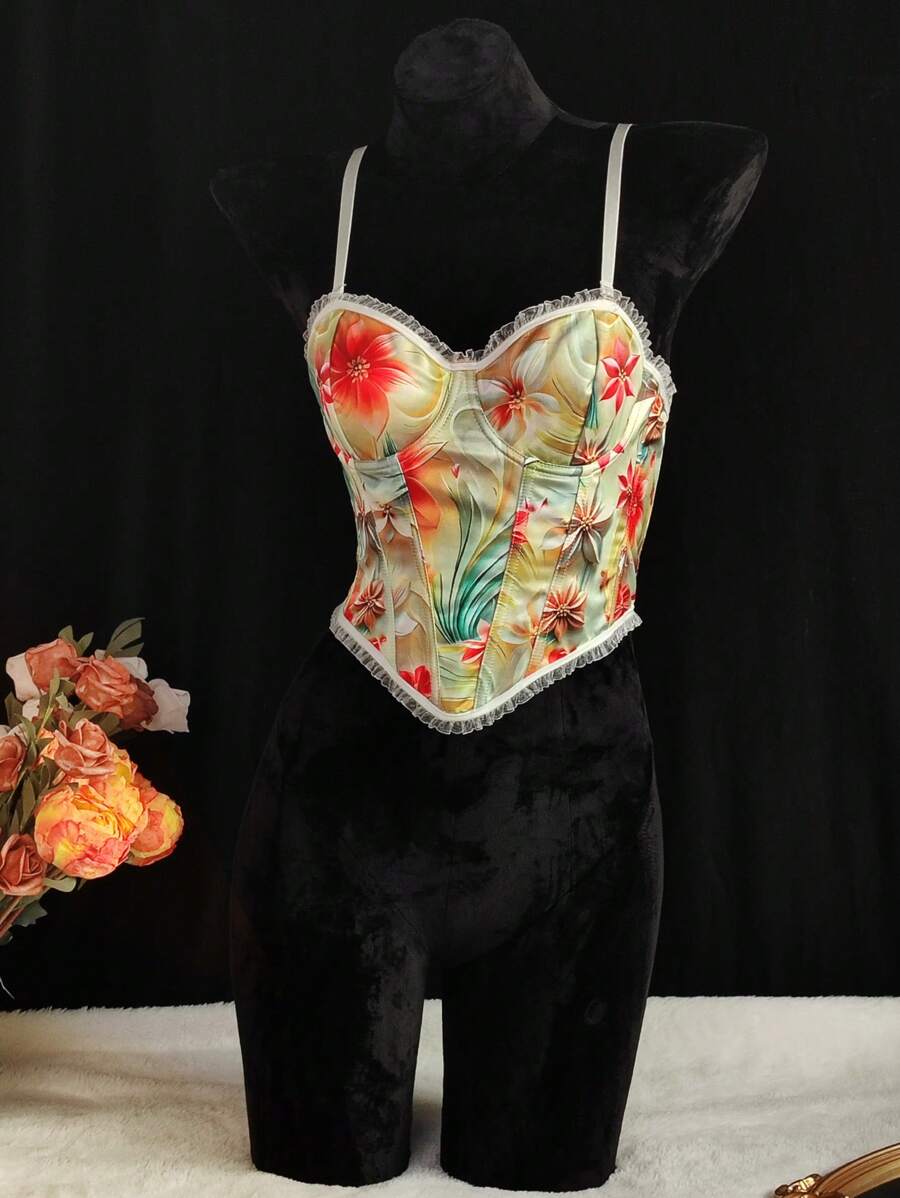 Spicy Aura 1pc Colorful Floral Print Satin Sexy Bra For Women - Multicolor - View 1