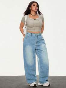 SHEIN ICON Plus Size Women Pocketed Wide Leg Loose Casual Versatile Jeans