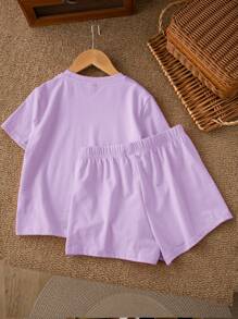 SHEIN Leap Crew 2pcs Tween Girls Casual Simple Short Sleeve Shorts Set, Suitable For Summer - Mauve Purple - View 2