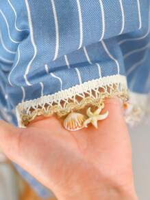 CosyJoli Completo casual estivo a righe taglie forti da donna, camicia + pantaloncini - Blu - Visualizzare 4