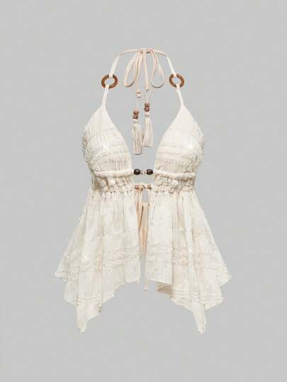 ROMWE Avant Top de tirantes finos con diseño de espalda descubierta y cuentas, estilo bohemio Y2K para mujeres - Camiseta sin espalda sexy