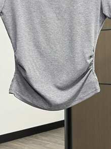 SHEIN Women Ruched Side Short Sleeve T-Shirt With Bow, Fitted Style, Summer - Grey - View 3