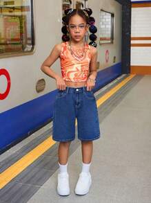 SHEIN 千禧年代复古水洗休闲宽松牛仔阔腿及膝短裤，适合青少年女孩秋季返校季街头服饰