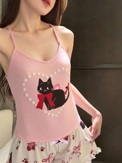 Kawaii Cat Print Ruffle Trim Bow Decor Camisole & Shorts Casual Women Pajama Set For Summer