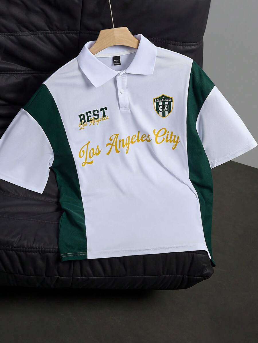 Aesthetic Post 男士夏季休闲字母印花撞色短袖 Polo 衫