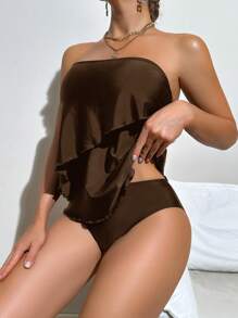 SHEIN Swim 女款優雅花卉飾邊平口式休閒坦基尼泳裝套裝，適合夏季海灘度假 - 棕色 - 查看 4
