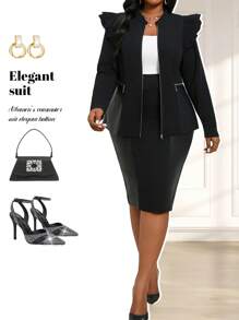 Fleurora Autumn And Winter Casual Elegant Modest Vintage Office Work Black Butterfly Sleeve Chain New Product Long Sleeve Plus Size Jackets - Black - View 1