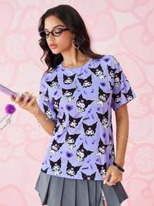 HELLO KITTY AND FRIENDS | SHEIN Áo thun nữ tay ngắn in họa tiết cổ tròn cỡ lớn dễ thương, thoải mái, dễ thương, mặc khi trở lại trường vào mùa hè, 2 chiếc - Màu tím - Xem 4