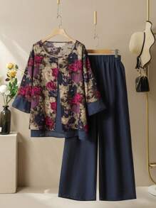 Lacomfia Damski luźny, swobodny, 2-częściowy komplet w stylu vintage z nadrukiem w kratkę, okrągły dekolt