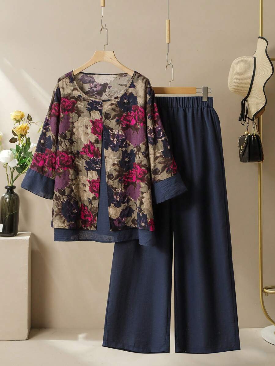 Lacomfia Damski luźny, swobodny, 2-częściowy komplet w stylu vintage z nadrukiem w kratkę, okrągły dekolt