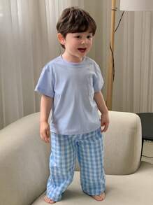 Hapijoa Baby Boy Round Neck Short Sleeve T-Shirt With Plaid Pants Pajama Set, Summer - Blue - View 3
