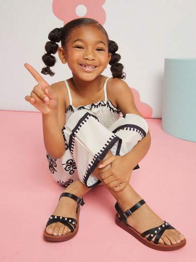 Mini mi #PrincessReady Dziewczęce sandały z perłowym akcentem i paskami ze skóry wegańskiej w kolorze czarnym z klamrą - wygodne buty na eleganckie okazje, plażę i zabawę w wodzie
