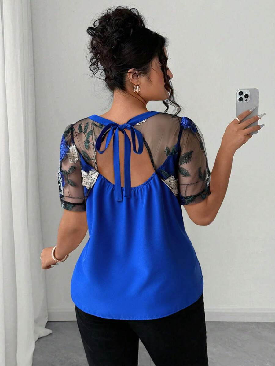 Elenzga Áo sơ mi lưới thêu hoa cỡ lớn, cắt không đối xứng - Màu xanh hải quân - Xem 1