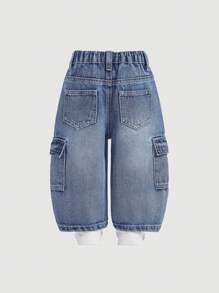 SHEIN 男婴都市街头酷炫水洗迷彩工装口袋宽松牛仔裤，休闲百搭，适合婴儿服装，男童四季室内/室外服装和街头服饰，适合幼儿男孩 - 中等水洗藍 - 查看 2