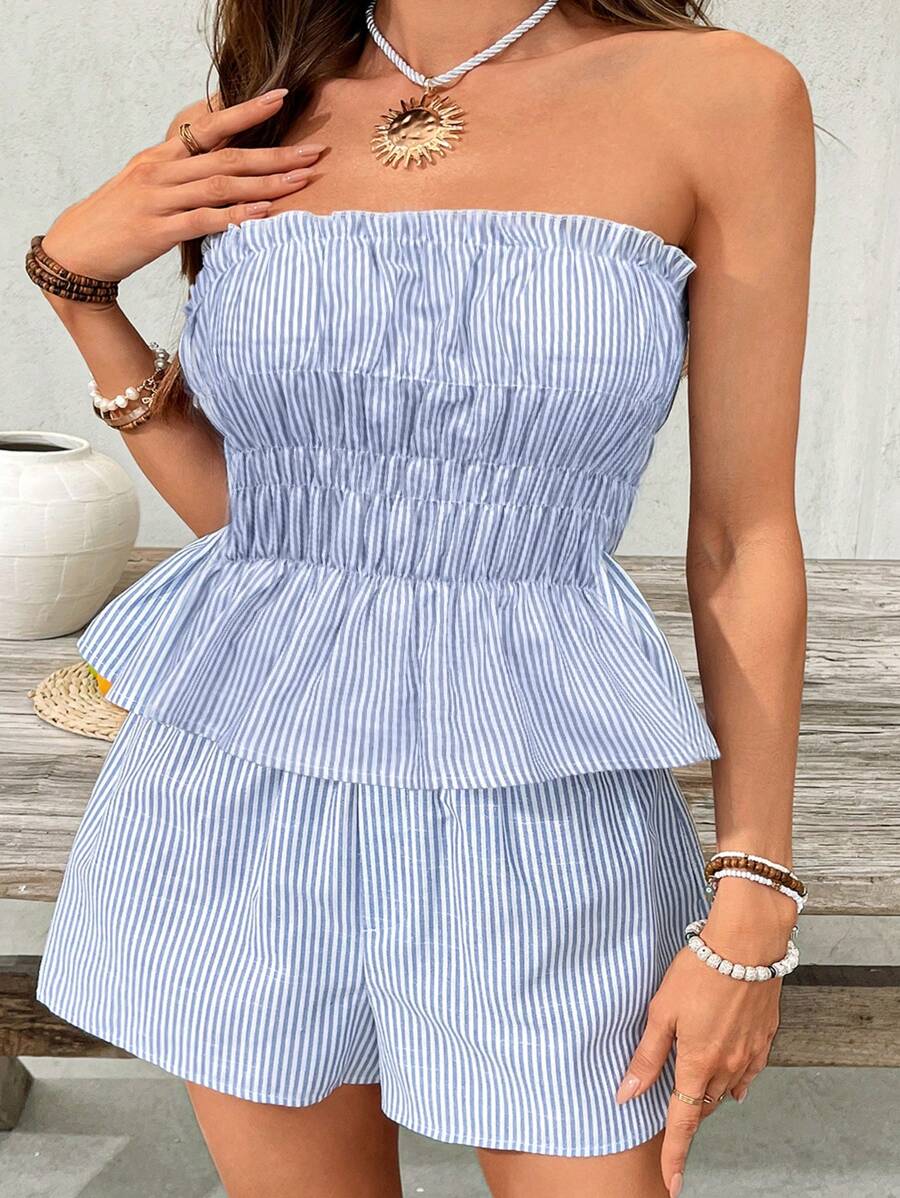 SHEIN VCAY 2pcs Plus Size Women Striped Ruched Bandeau Top And Shorts Set,Summer Outfits For Women