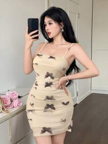 DAZY Butterfly Print Spaghetti Strap Pleated Bodycon Mini Dress For Women