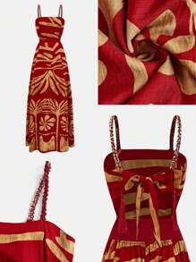 Arave Váy vải lanh thanh lịch, eo thắt eo, cổ vuông, phong cách ngày lễ thời trang và tinh tế - Đỏ - Xem 5