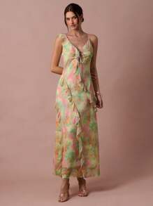 Enchnt 春夏浪漫女士绿色和粉色梦幻印花前系带荷叶边无袖露背长裙，甜美优雅，适合度假、约会、节日、派对、毕业典礼、婚礼宾客和海滩、舞会礼服、女士夏装、女士太阳裙、夏装、优雅派对礼服 - 彩色 - 查看 2