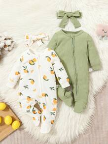 SHEIN 新生女婴两件套可爱草莓印花舒适圆领长袖拉链连体睡衣 - 綠色 - 查看 1