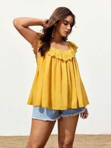 Maija Plus Size Women Patchwork Embroidery & Ruffle Hem Loose Cami Top Summer Women Vacation - Yellow - View 4