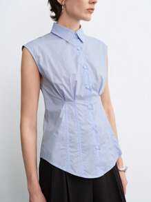 SHEIN LUNE Women's Fashion Elegant Collared Sleeveless Button Waist Pleat Design Regular Fit Woven Cotton Blouse, Blue, Suitable For Summer Outing, Dating, Vacation - Baby Blue - View 4