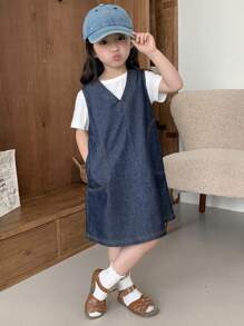 Dazy Kids 年轻女孩休闲宽松韩版水洗牛仔连衣裙，女孩夏季服装