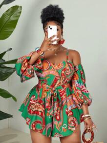 Maweii 加大码数码印花露肩露背优雅度假连体裤