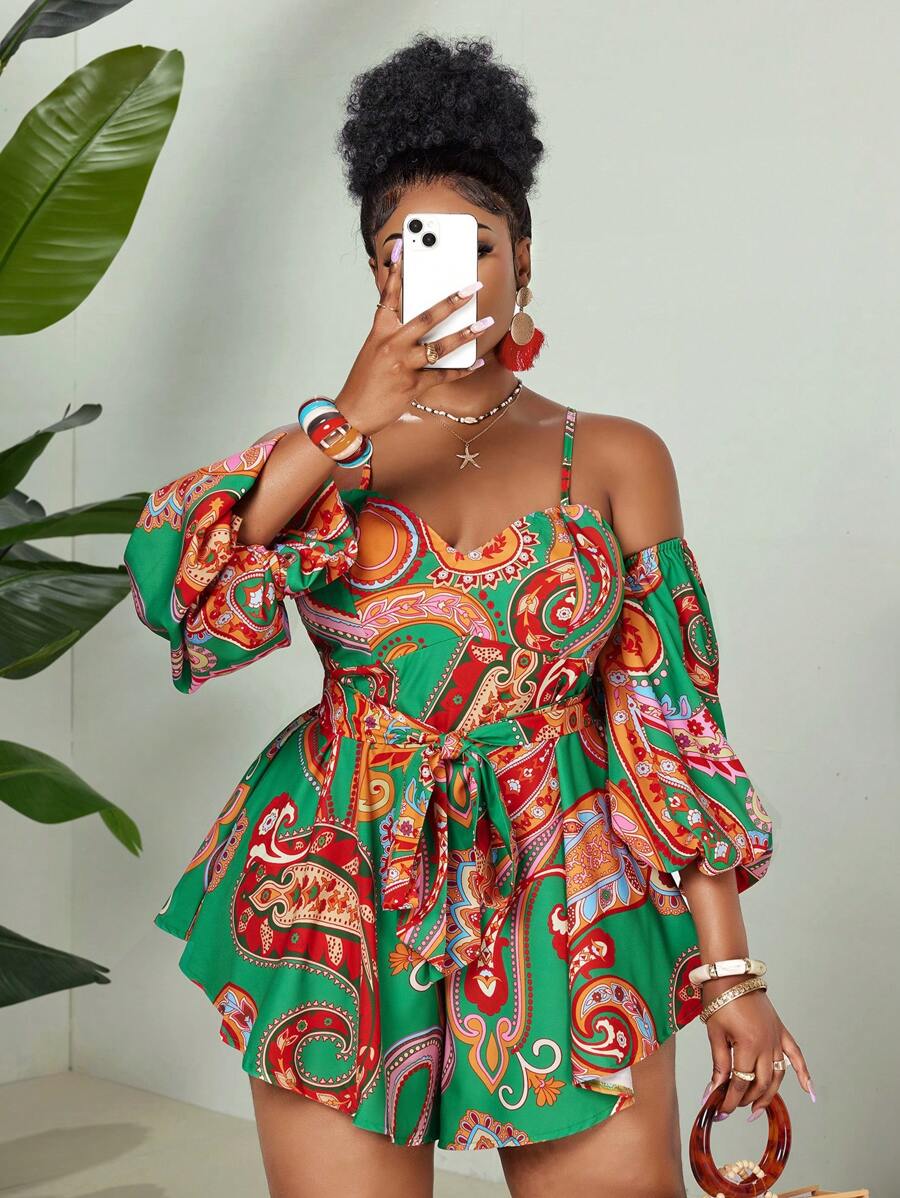 Maweii 加大码数码印花露肩露背优雅度假连体裤