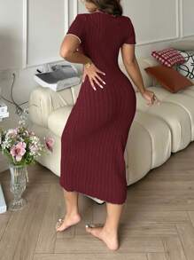 优雅蝴蝶结撞色长款针织连衣裙，女士家居服 - 酒紅色 - 查看 2