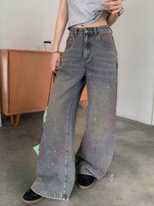 DAZY Oversized Loose Fit Asymmetrical Dip-Dye Gradient Sequin Decor Washed Denim Wide Leg Jeans, Colorful - Light Wash - View 6
