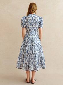 Écloséra Women's Casual French Style Double Layer Flounce Sleeve Long Blue Embroidered Dress