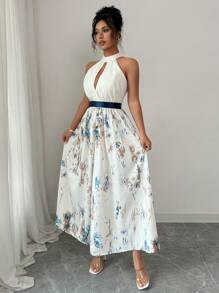 Elenzga 无袖露背镂空腰褶 A 字型数码印花女士优雅浪漫连衣裙