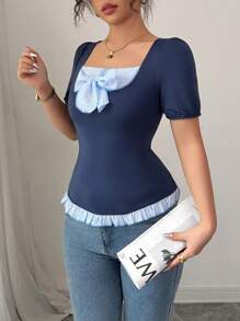 Elenzga Fourth Of July Holiday Full Outfits Top Blue Sexy Casual Going Out Short Sleeve Square Neck Ruffle Bow.