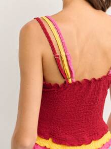 Nöista Ribbed Knit Tank With Vibrant Lettuce Trim In Butter Yellow And Hot Pink. Stretchy And Flattering Fit-Perfect For Cute Summer Tops, São João Vibes, And Playful Holiday Outfits. Adjustable Straps. - Red - View 4