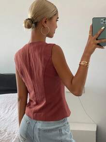 Livesso Women's V-Neck Cinched Waist Fitted Blouse, Fashionable For Summer Linen Going Out Tops - Burgundy - View 2