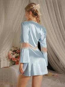 Elegant Chiffon Lace Sexy Robe For Women Luxe Loungewear Holiday Season - Baby Blue - View 2