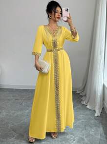 Elenzga Women's Elegant Fringe Sequin Patchwork Dress - Yellow - View 5