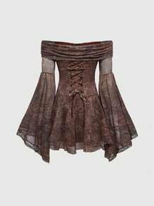 ROMWE Goth Đầm ôm vừa vặn họa tiết hoa cổ chữ V phong cách Hippie Retro tương phản trang trí nơ cho nữ - màu nâu - Xem 2