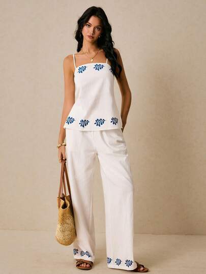 Poéselle White Cotton Printed Two-Piece Suit, Blue Print, Slit Design On Both Sides, Comfortable And Breathable Fabric,2pcs Women Retro Cami & Pants Set, Casual Summer Outfit,Suitable For Daily Wear, Going Out, Commuting, Dating, Vacation And Other Occasions,Poeselle