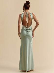 SHEIN BAE 春夏纯色鼠尾草绿色开心果露背细肩带长裙配腰带，优雅长裙，度假裙，伴娘裙，生日派对裙，返校毕业裙，绿色连衣裙