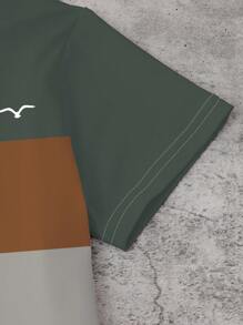 SHEIN 1 件幼儿男童休闲 T 恤，绿色/棕色/灰色拼色，左胸有白色海鸥刺绣，短袖圆领，适合春夏季日常和户外穿着 - 彩色 - 查看 4