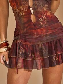 SHEIN BAE 女式纯色豹纹扎染荷叶边露背长裙，适合春夏季、海滩度假裙、音乐节裙、串珠裙 - 棕色 - 查看 7