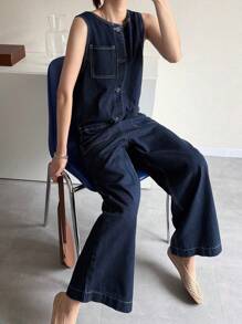 FRIFUL 女式宽松休闲口袋装饰直筒牛仔背带裤和连体裤