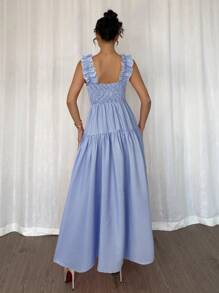 Elenzga Strappy A-Line Dress With Frill Trim, Blue & White Striped, Cinched Waist, Elegant French Country Style For Spring/Summer Holiday/Beach
