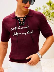 Manfinity Homme Camiseta de punto de manga corta casual para hombres con cordones y estampado de letras - Burdeos - Ver 5